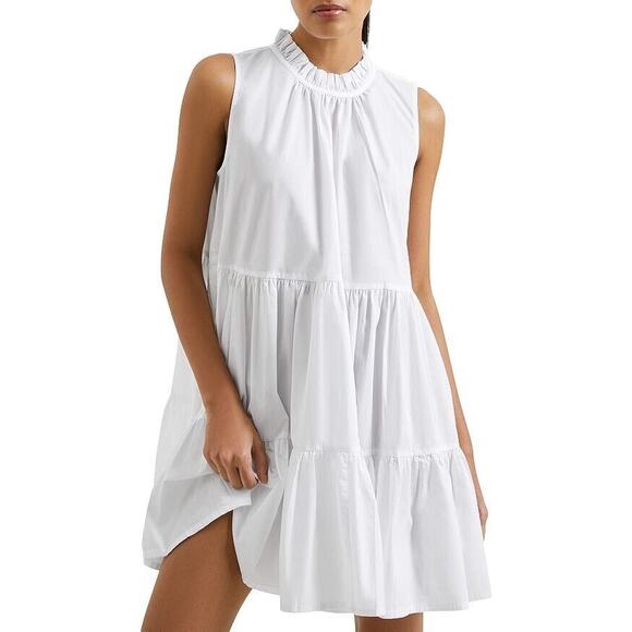 French Connection Rhodes Poplin White Sleeveless Ruffle Mock Neck Tiered Dress - Picture 1 of 9